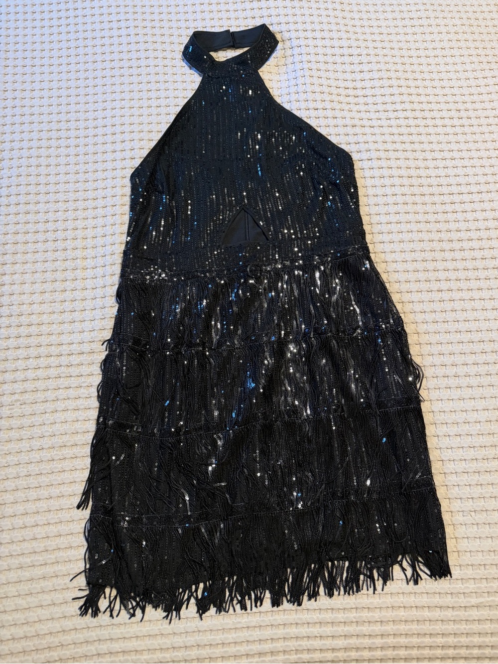 Black Sequin Halter Cocktail Dress with Fringe